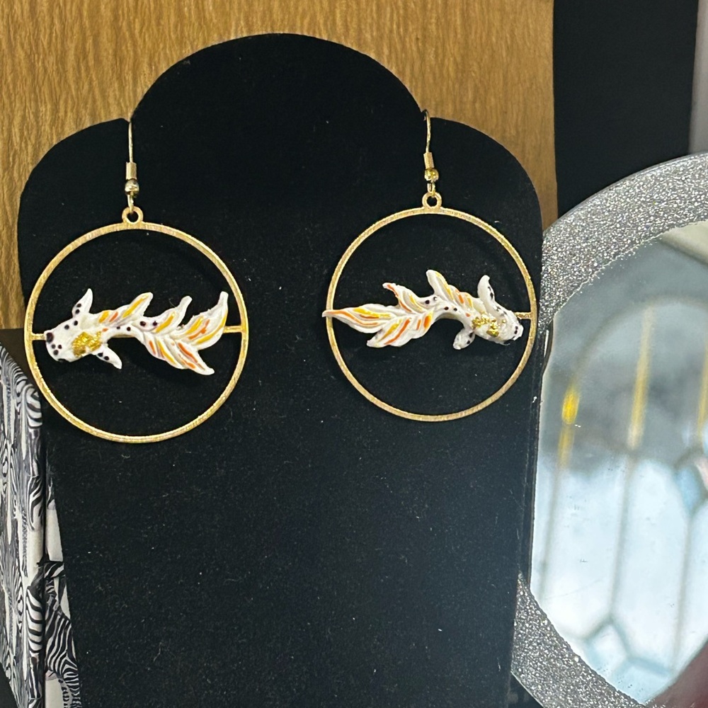 Elegant Gold and White Koi Earrings